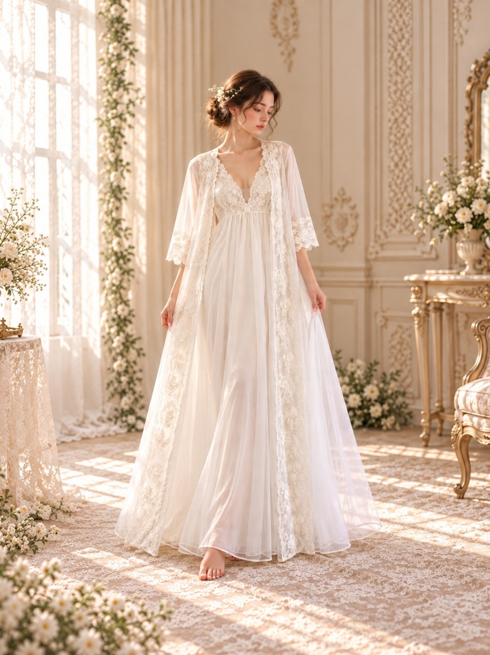 Vintage Shadowline Peignoir Set S Ivory Lace Nightgown Robe Bridal 70s